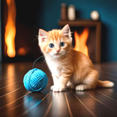 Obraz premium Un petit chat roux s'amusant avec une pelote de laine