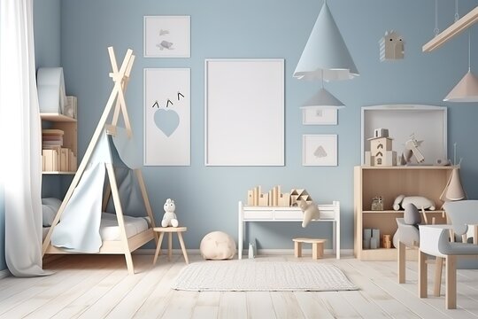 Modern minimalist nursery room in Scandinavian style. Baby room interior in light colours | Interior of playroom | Interior of modern children's room, Generative AI