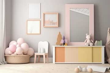 Fototapeta na wymiar Modern minimalist nursery room in Scandinavian style. Baby room interior in light colours | Interior of playroom | Interior of modern children's room, Generative AI