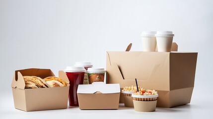 Holding various take-out food containers, pizza box, coffee cups in holder and paper bag. Generative Ai