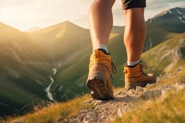 Hiking boots of a man walking through the mountains. Generative AI.