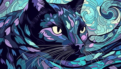 Cat with wavy art style depiction, isolated on black background. Based on Generative Ai.