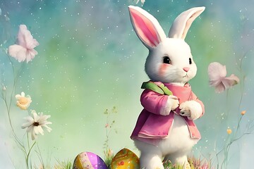Cute Easter bunny with Easter eggs, watercolor illustration. Generative AI