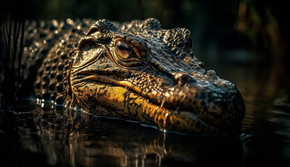 Fototapeta premium Wild crocodile is lurking in the forest swamp. Based on Generative Ai.