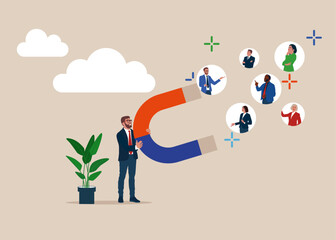 Retention clients with a magnet. Modern vector illustration in flat style