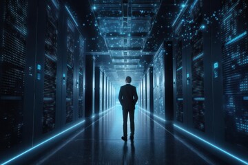 A man in a suit with a data storage facility behind him. Generative AI.