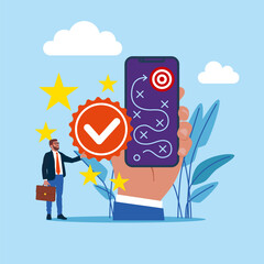 Quality Control. Application working with digital online plan on smartphone. Modern vector illustration in flat style