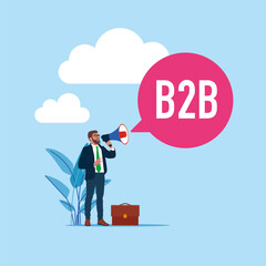 Businessman Holding Megaphone With B2B Announcement. Modern vector illustration in flat style