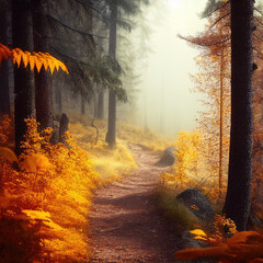 Trail in autumn foggy forest with sunlight, Generative AI