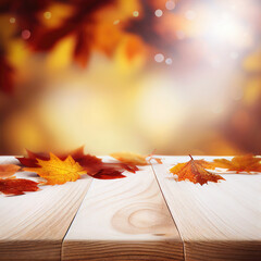 Wooden tabletop with autumn leaves, blurry sunny autumn background, Generative AI