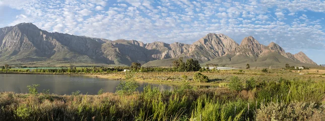 Fotobehang Blauwe hemel landscape with  mountain lake and Audensberg range in background, Brandwatch, Worcester, South Africa  © hal_pand_108