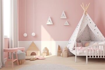 Fototapeta na wymiar Children room interior with comfortable bed | Interior of playroom | Toys On Bed Against Wall At Home | Interior of modern children's room, Generative AI