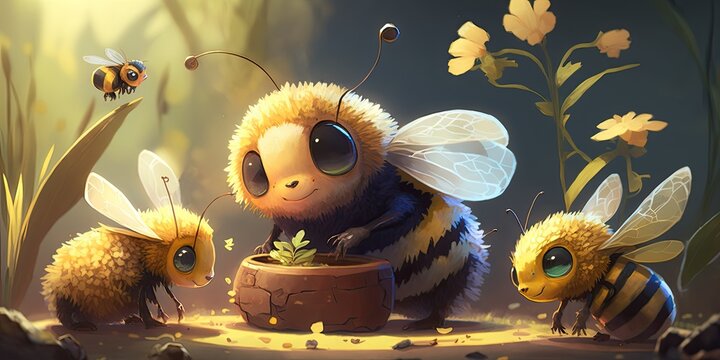 Cute bee character illustration. Generative AI