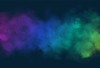 Vector linear halftone smoke effect. Glowing bright neon colored  mist. Tones by horizontal lines. Futuristic retro creative background.