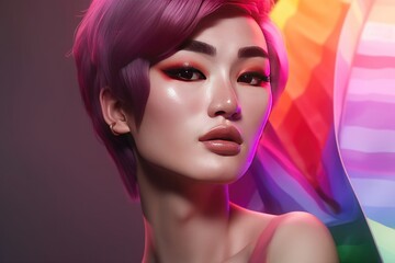 Naklejka premium Portrait of a beautiful young asian woman with pink hair and colorful makeup on a rainbow background for pride month. created with generative ai