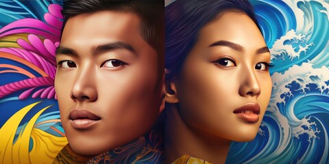 A beautiful fictional pacific island girl, fictional asian man on background waves in tropical colors and asian patterns, Asian American and Pacific Islander Heritage Month, created with generative ai