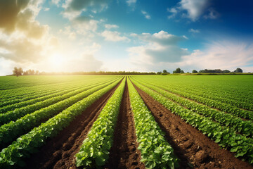 Fototapeta na wymiar Idyllic agriculture-themed background, a verdant, sunlit field of thriving crops stretching to the horizon, neat rows of lush greenery showcasing the bounty of the earth, a vibrant blue sky.