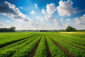 Fototapeta na wymiar Idyllic agriculture-themed background, a verdant, sunlit field of thriving crops stretching to the horizon, neat rows of lush greenery showcasing the bounty of the earth, a vibrant blue sky.