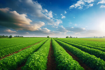 Fototapeta na wymiar Idyllic agriculture-themed background, a verdant, sunlit field of thriving crops stretching to the horizon, neat rows of lush greenery showcasing the bounty of the earth, a vibrant blue sky.