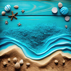 Blue Wood Background with Seashells, Waves and Beach Sand, Generative AI