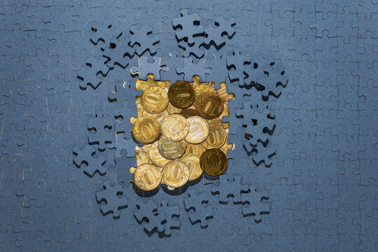Russian ruble coins,  Russian money, golden coins and Hidden assets concept
