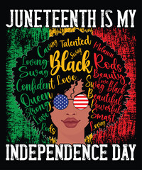 Juneteenth Is My Independence Day T-Shirt, Afro Girl Hairstyle Typography Shirt, Juneteenth Women Shirt Print Template