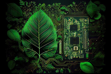 Illustration of motherboard or cicruit board covered with leaves roots and plants, concept of sustainable development and green energy ecology.