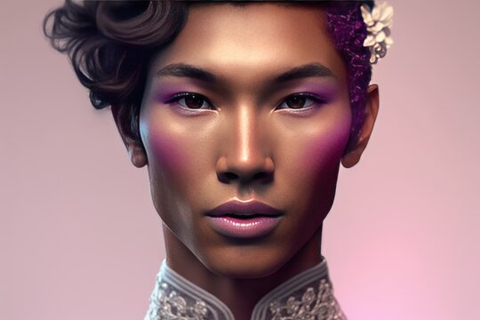 Asian gay with make-up. Chinese, Japanese or Korean fictional (AI) queer, gay or non binary person at high school prom. Pride month banner,  created with generative ai