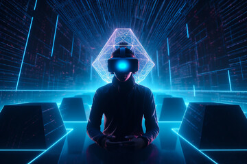Into the Metaverse, person wearing vr glasses in futuristic colorful environment. Concept of advanced future technology powered by artificial intelligence.