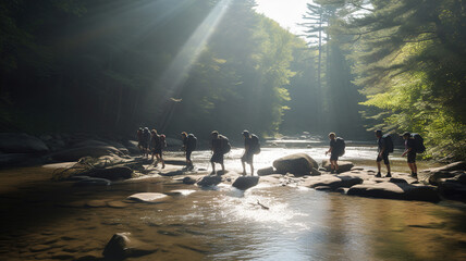 Group of hikers tourists crossing green forest river, beautiful sunlight above nature landscape