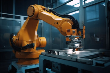 Industrial machine robot arm, smart modern factory automation using advanced machines, industrial 4.0 manufacturing process.