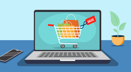 a laptop with a shopping cart and shopping bags. online sales concept