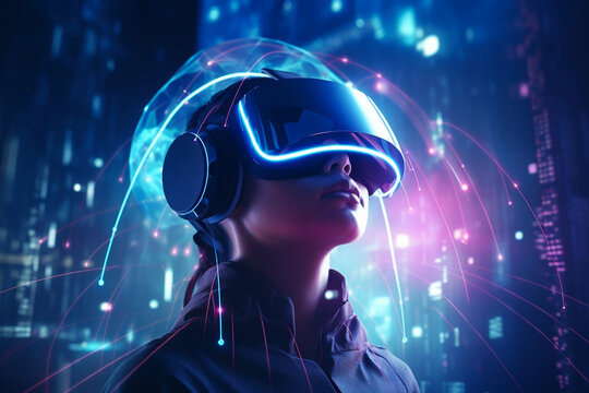 Into the Metaverse, person wearing vr glasses in futuristic colorful environment. Concept of advanced future technology powered by artificial intelligence.
