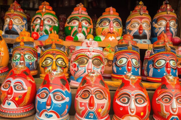 Lots of painted wooden and clay idols of Tribal Hindu god Jagannath during Rath yatra. AI generative.