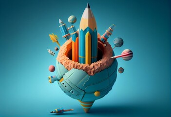 creative of globalization globe internet rocket spaceship. science physics maths pencil of ideas imagination online. kids cute pastel objects of learning education on blue background.. Generative AI - obrazy, fototapety, plakaty
