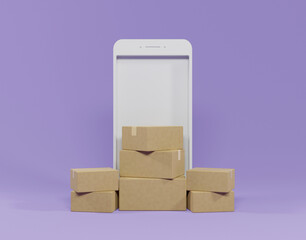 Online transportation in your smartphone logistic background concept. Online parcel delivery. boxes on smartphone on blue background.Cardboard box with mobile. 3d rendering