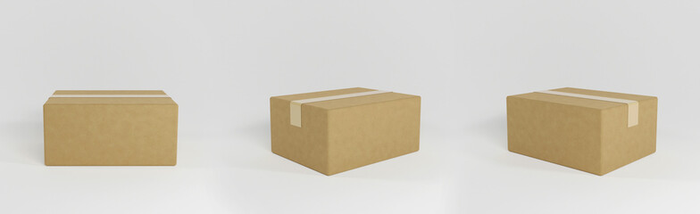 Realistic cardboard box mockup set from side, front view open and closed isolated on white background. Parcel packaging template. 3D Rendering