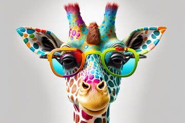 Naklejki  Cartoon colorful giraffe with sunglasses on white background. Created with generative AI