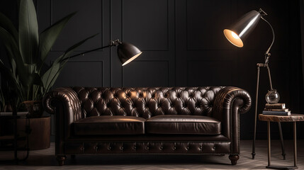 Modern classic black interior with capitone brown leather chester sofa, floor lamp. Generative Ai
