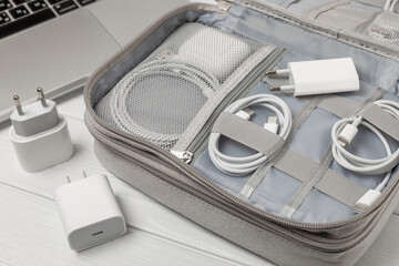 Puts wires of tablet advanced electronic equipment, phone charger in a convenient storage bag....