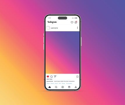 Instagram home page interface with smartphone, vector post mockup	
