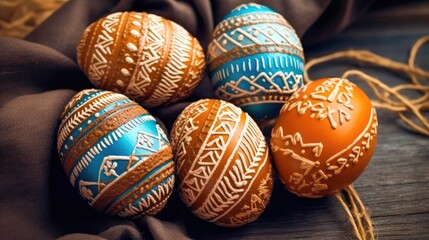 Fototapeta na wymiar Happy Easter eggs in colorfully painted, patterned baskets, linen napkins on the Bohemian Inspired Table