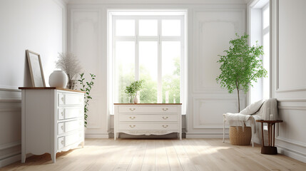Fototapeta na wymiar White minimalist room interior with sofa on a wooden floor, decor on a large wall. Generative Ai