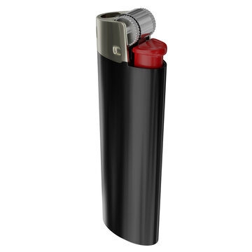 Black gas lighter with a drum and a red button. On a transparent background. 3D illustration