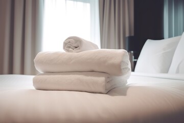 White fresh towels on bed in hotel room | Fresh white linens in comfortable hotel room, AI generated