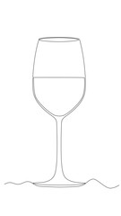 One continuous line drawing of wine glass in silhouette sketch on white background. Simple linear style. Doodle vector illustration