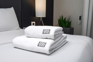 White fresh towels on bed in hotel room | Fresh white linens in comfortable hotel room, AI generated