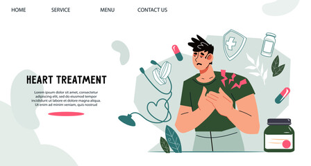 Heart problems and cardiology website banner design with man who has sudden heart pain. Heart attack or stroke treatment concept for web page, flat cartoon vector illustration.
