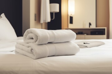 Fototapeta na wymiar White fresh towels on bed in hotel room | Fresh white linens in comfortable hotel room, AI generated