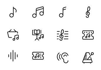 Music notes icon set, Music notes symbol, vector illustration. Music icon set. Musical instrument symbol. Containing musical note, radio, hear, piano, speaker, sound and disc icons.	